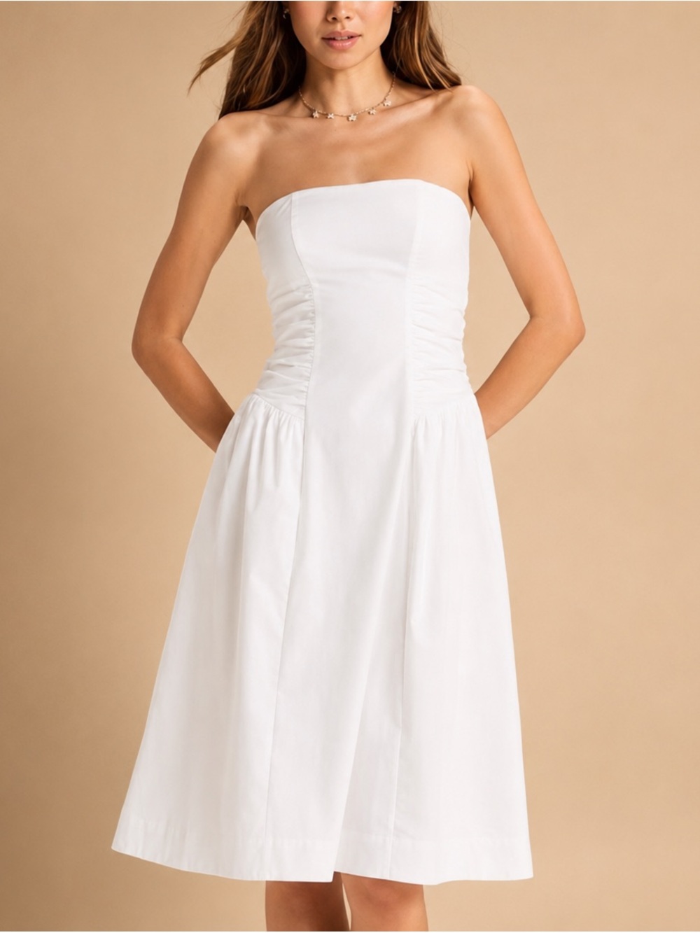 NWT Sz M Wild Fable White Strapless Ruched Poplin Midi Tube Dress Wedding Bridal